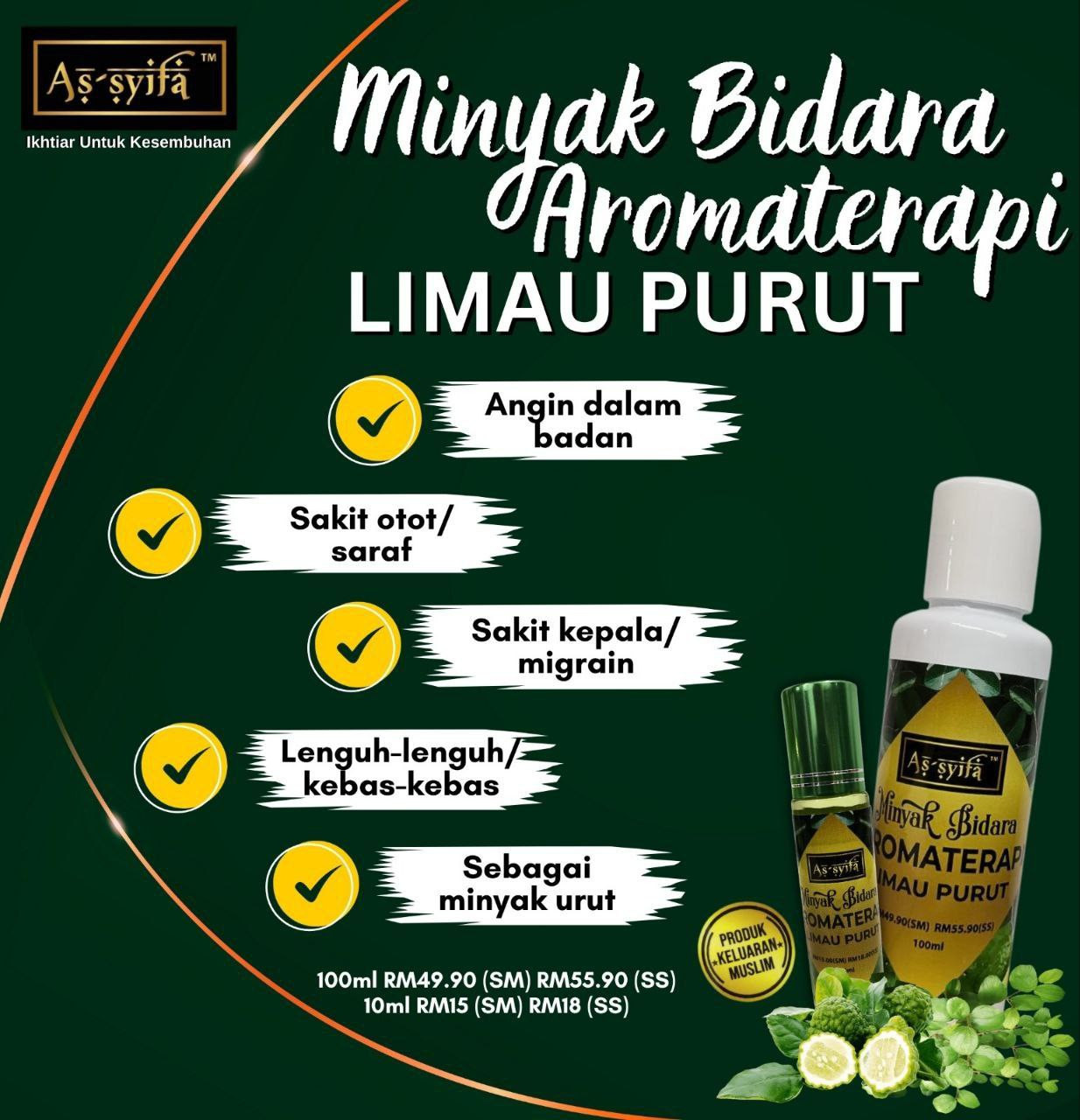 Minyak Aromaterapi Limau Purut Bidara As-syifa Minyak Angin Senggugut Sakit Perut Sakit Gigi Migrain Sakit Kepala