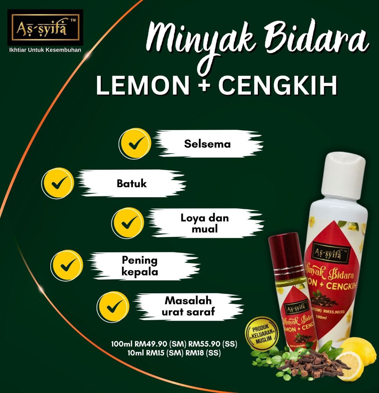 Minyak Aromaterapi Lemon Cengkih Bidara As-syifa Minyak Cengkih Batuk Selesema Kahak Resdung Sakit Gigi