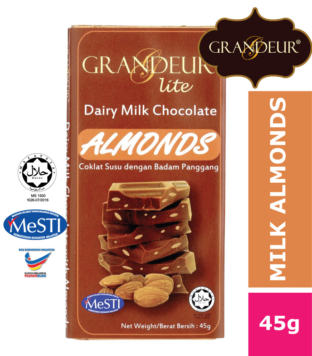 GRANDEUR Milk Chocolate Bar With Almonds 45g Coklat Langkawi Murah Halal Viral Sedap Borong