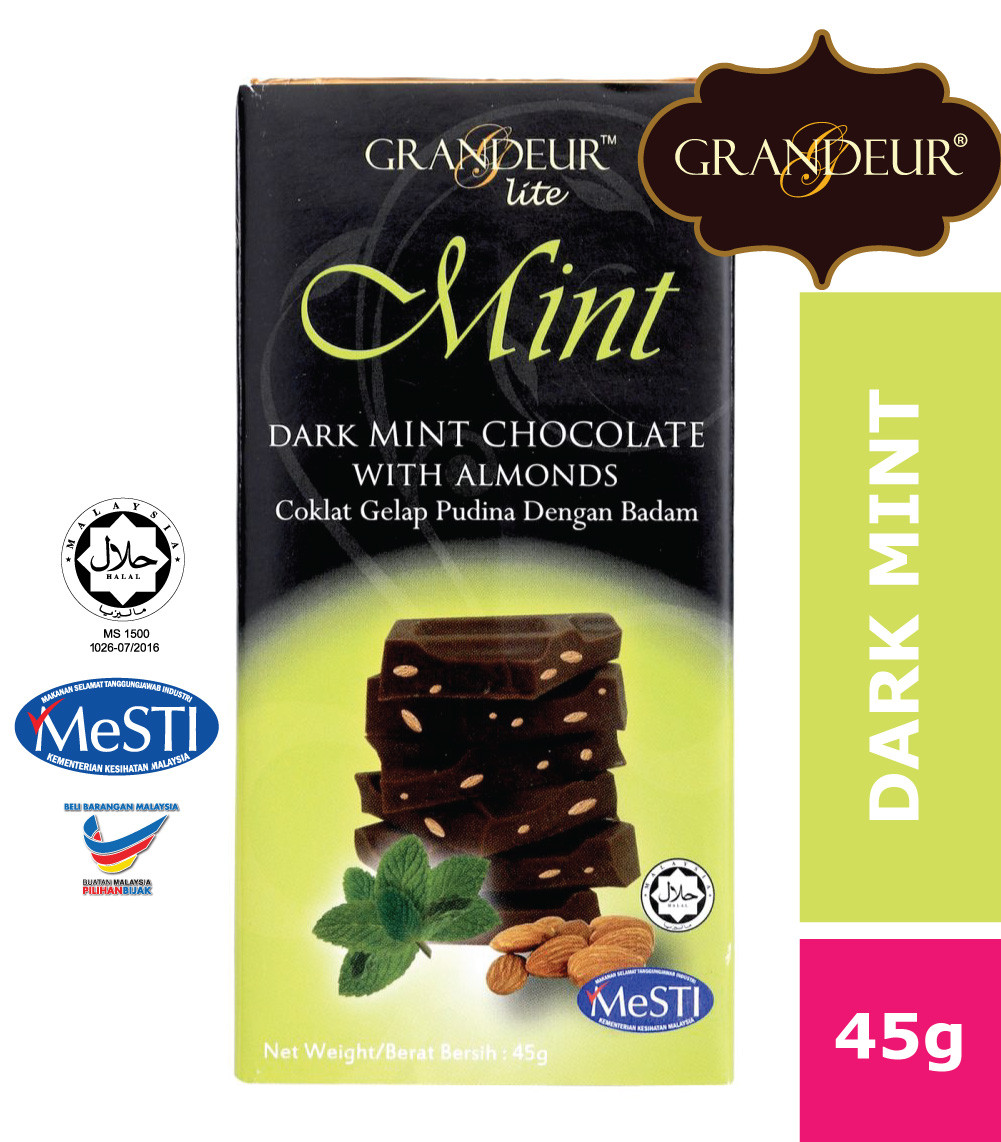 GRANDEUR Dark Mint Chocolate Bar With Almonds 45g Coklat Langkawi Murah Halal Sedap Borong