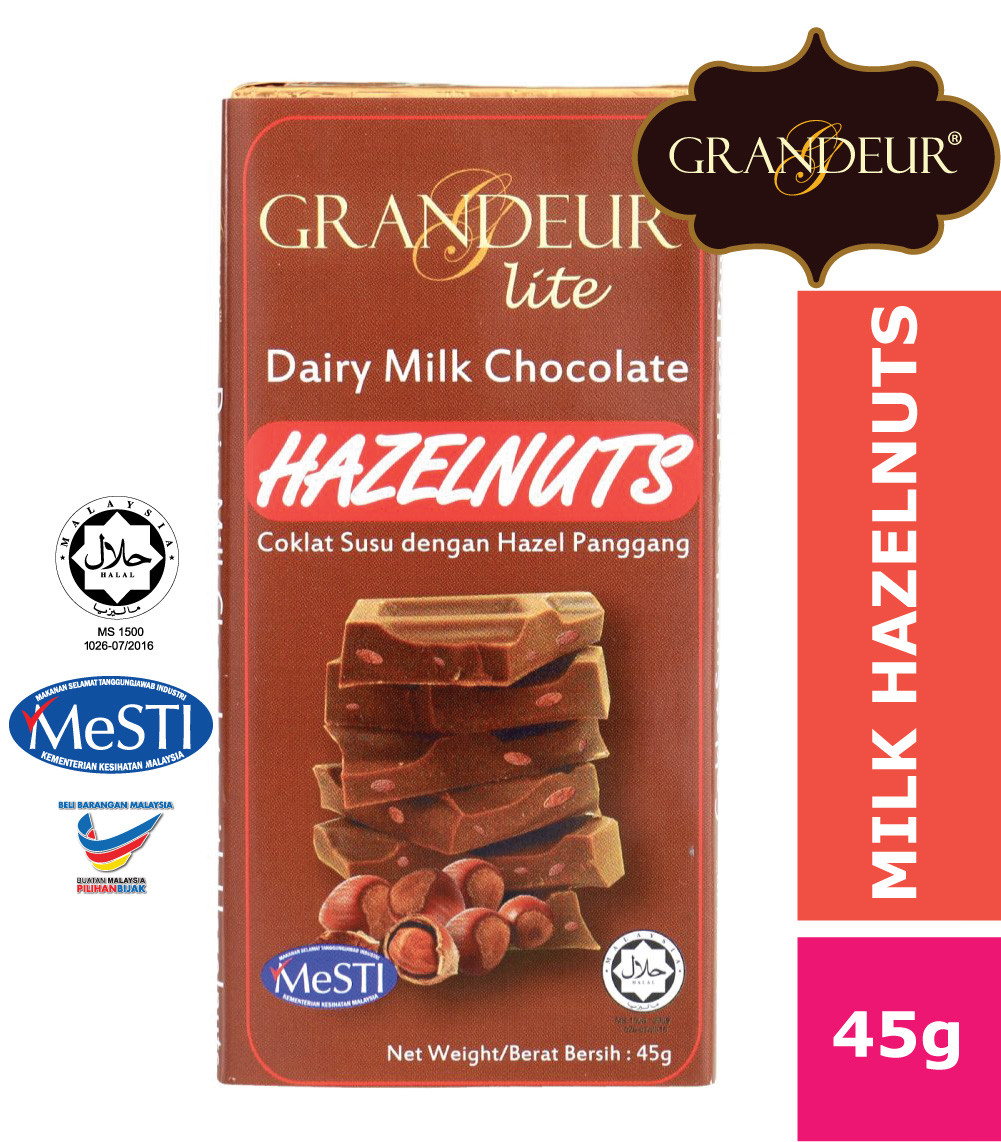 GRANDEUR Milk Chocolate Bar With Hazelnuts 45g Coklat Langkawi Murah Borong Sedap Halal