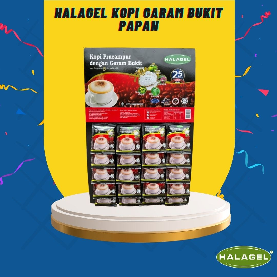 HALAGEL® Kopi Pracampuran Dengan Garam Bukit | Premix Coffee With Rock Salt | 20 Sachets (PAPAN)