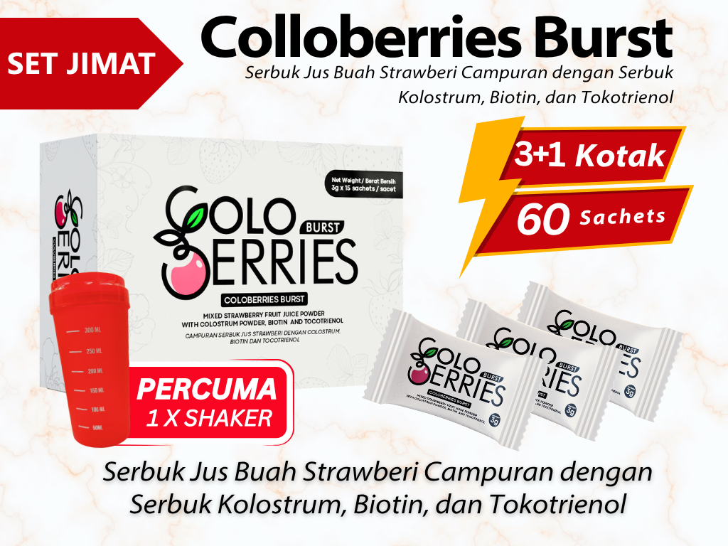 Coloberies Burst - Campuran Jus Strawberi dengan Colostrum, Biotin dan Tocotrienol [3 + 1 box / 60 sachets]