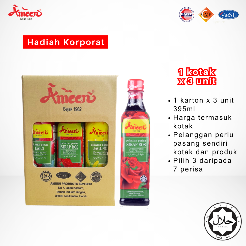 Ameen Doorgift Sirap Berperisa 395ml + kotak gift 3 botol