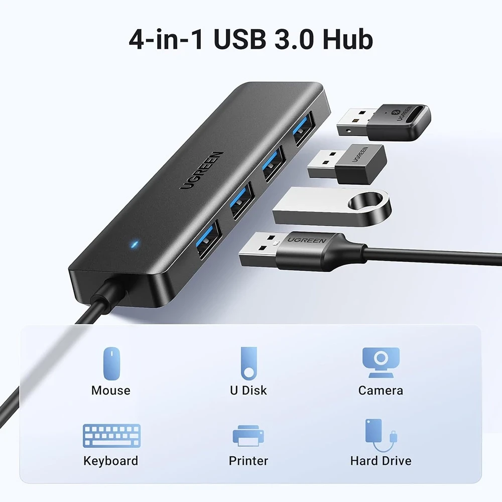 UGREEN USB 3.0 Hub 4 Ports Ultra Slim Mouse Keyboard Flash Drive Printer Compatible Laptop PC PS5 Laptop Car System